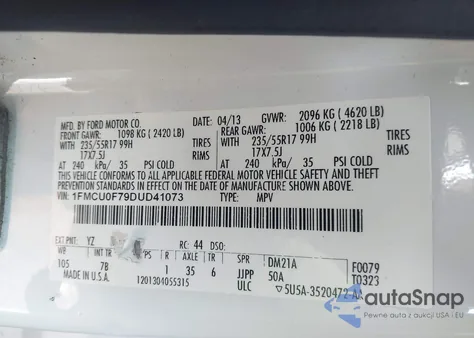 2013 Ford Escape S z USA, uszkodzony, nr VIN 1FMCU0F79DUD41073